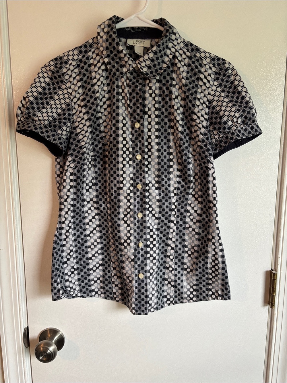 LOFT Black and White Geometric Short-Sleeve Button Blouse